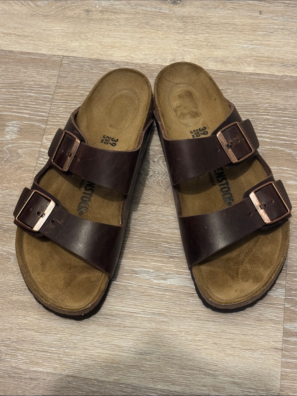 Birkenstock Brown Leather Two-Buckle Slide Sandals